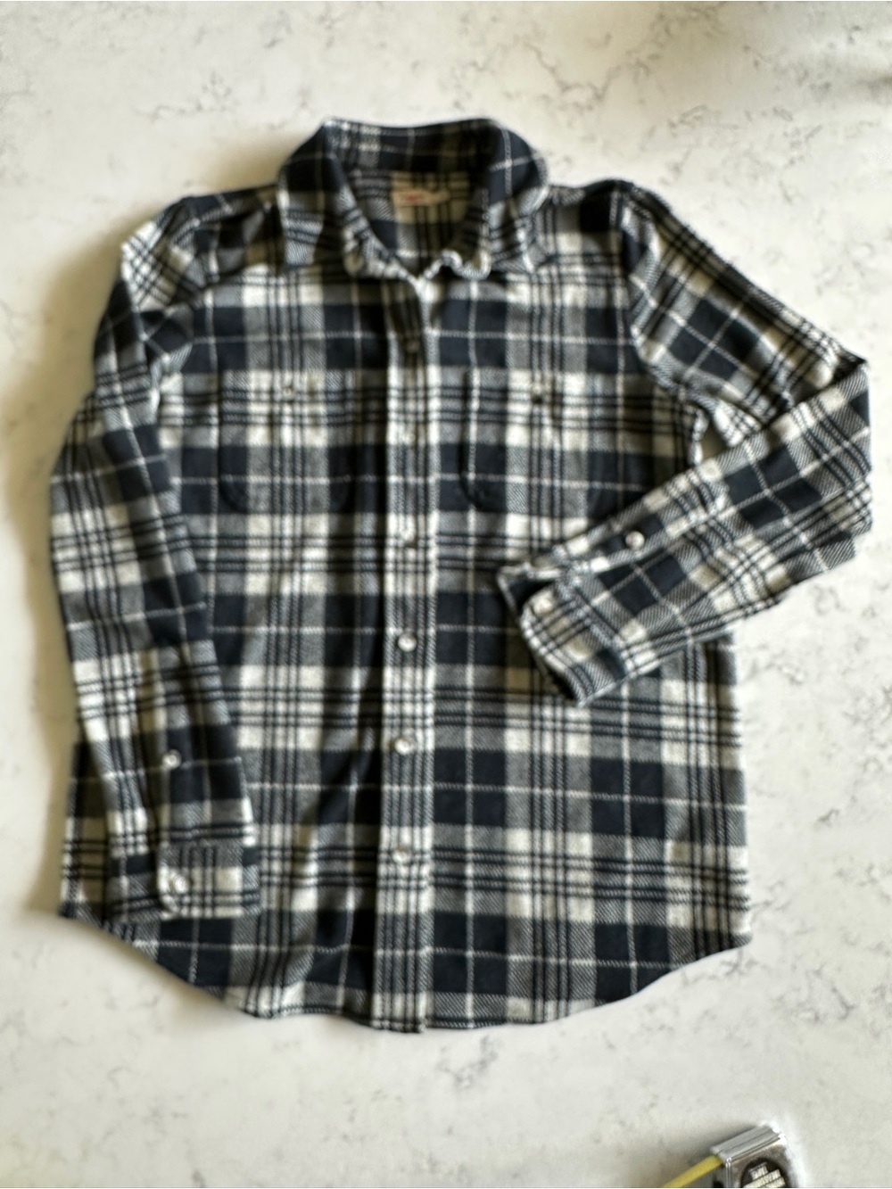 Faherty Navy and Cream Plaid Button-Down Shirt